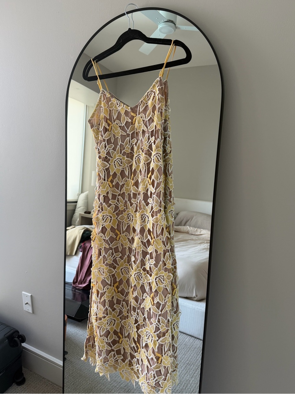NBD Yellow Floral Lace Midi Slip Dress
